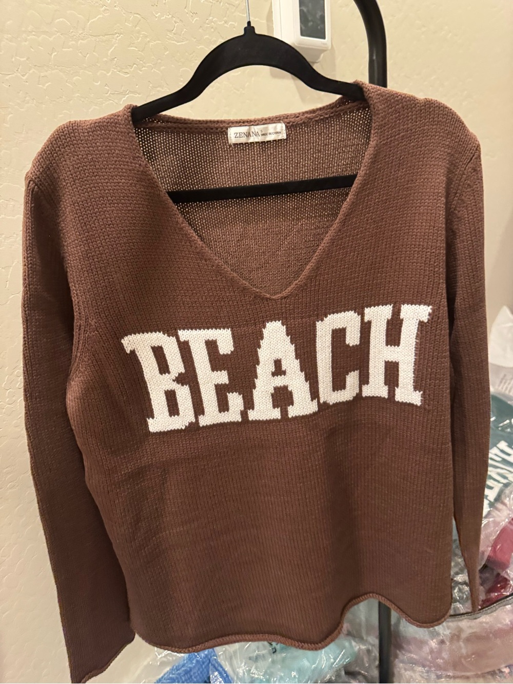 Zenana Brown 'BEACH' V-Neck Sweater